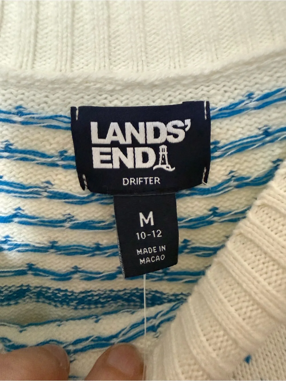 New NWT Lands' End White Sweater with Blue 'APRÈS' Detail The Drifter Pullover